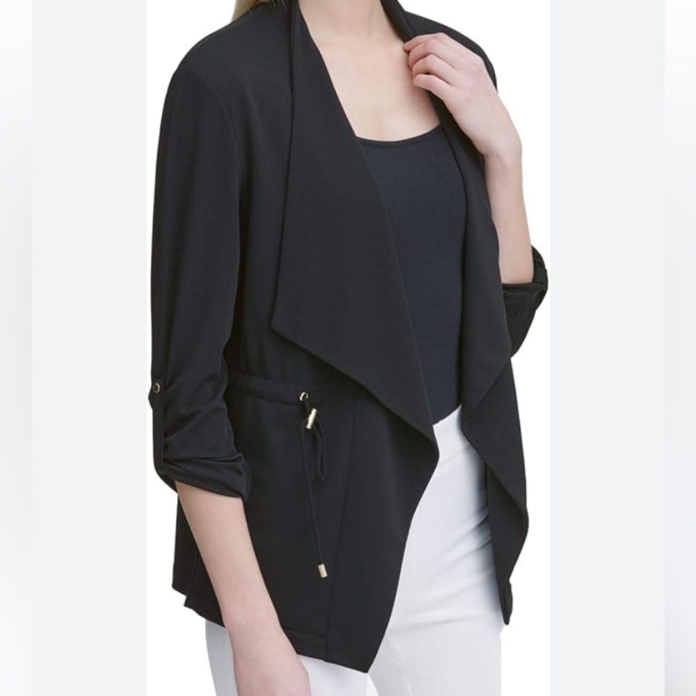 Calvin Klein open drape jacket with drawstring in Black